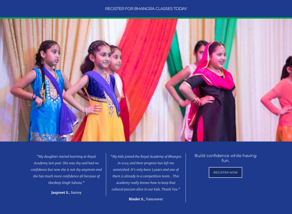 Royal Academy of Bhangra site, image of young dancers