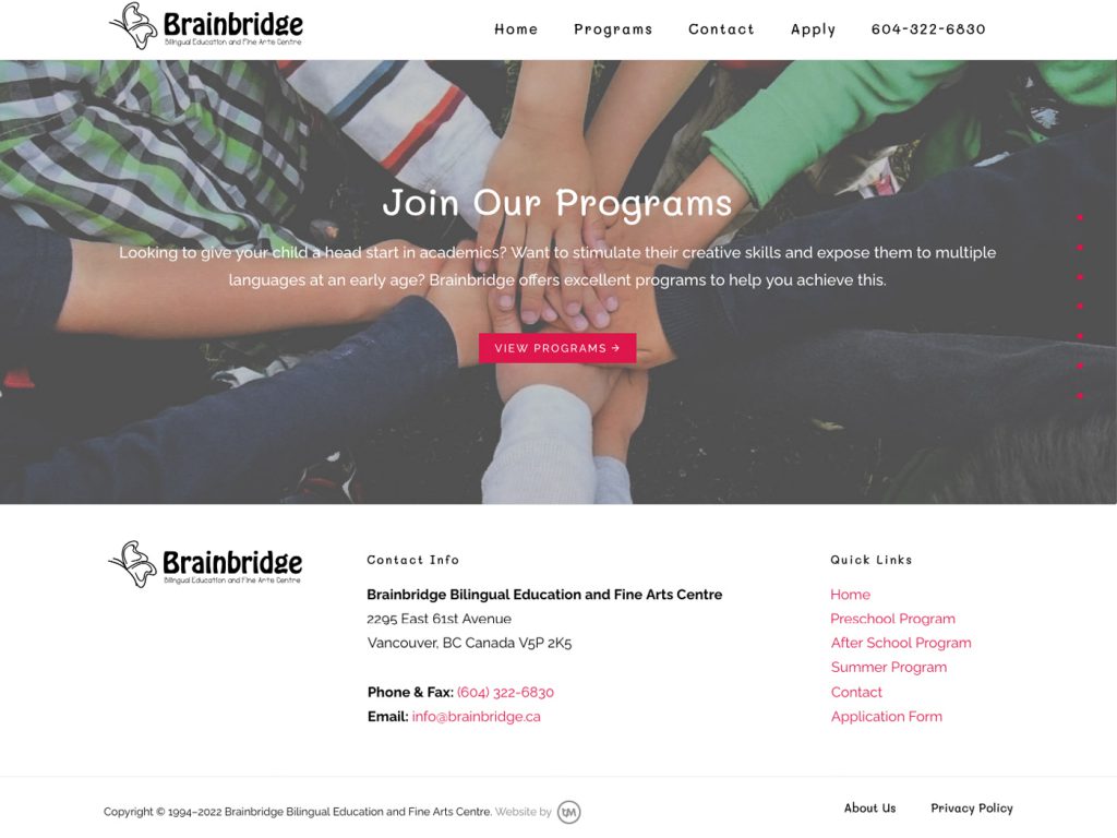 Brainbridge Education Website, Home Page footer