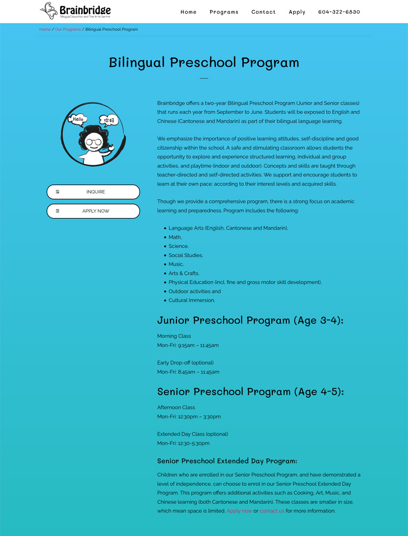 Brainbridge Education Website, Preschool page