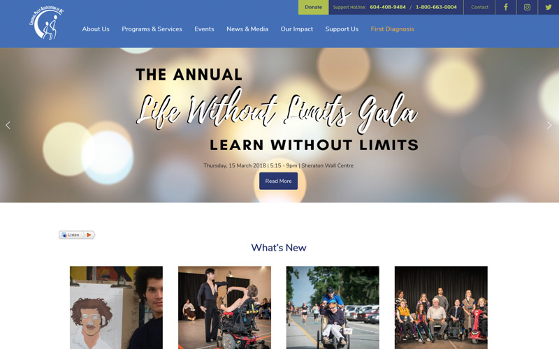 Cerebral Palsy Association of BC Website 2018, Home Page before colour and logo updates