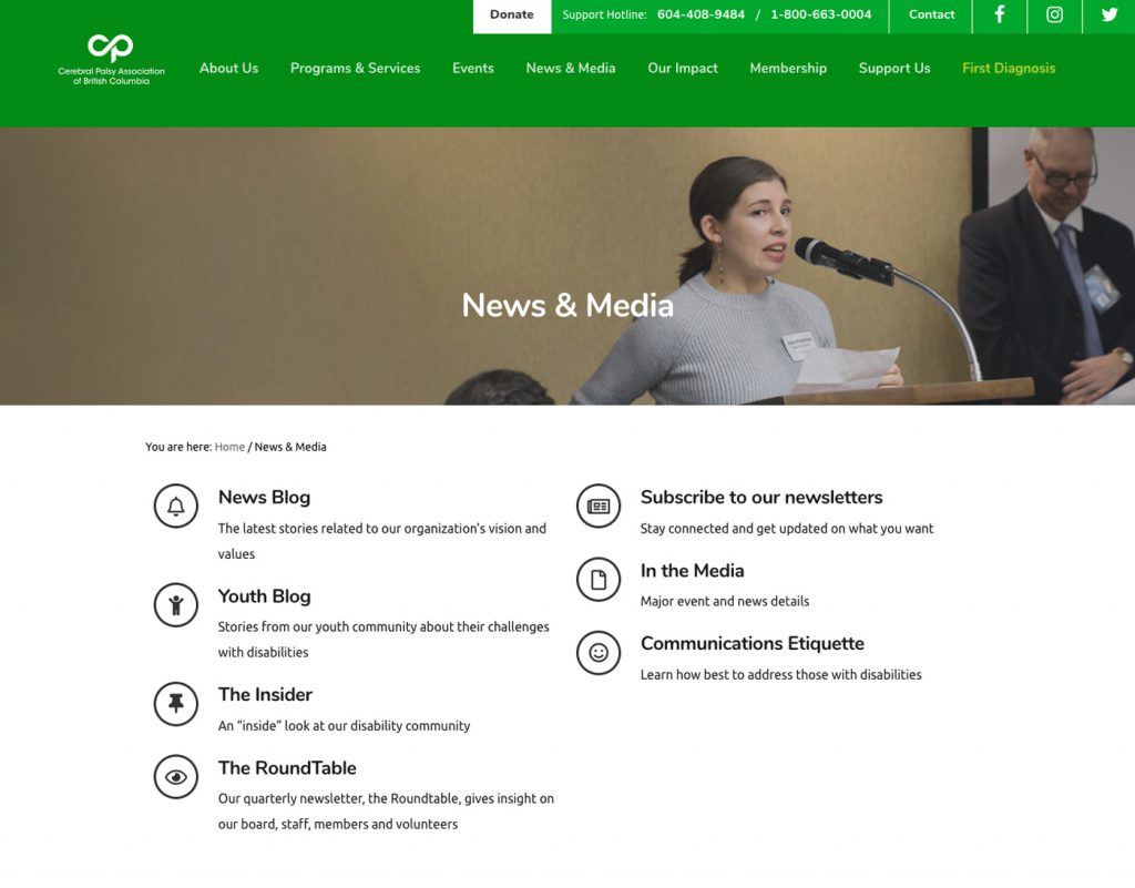 Cerebral Palsy Association of BC Website, Media Overview page