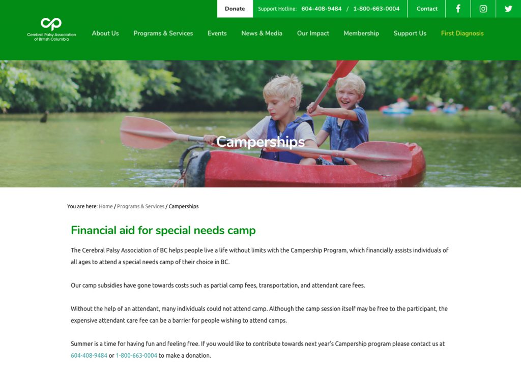 Cerebral Palsy Association of BC Website, Resource page, Camperships